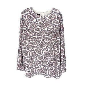 Talbots Blouse Womens Size 2X Ivory Red Blue Paisley Ruffle Accent Flowy